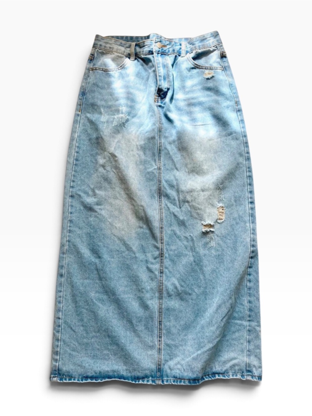 SHEIN Distressed Denim Maxi Skirt - Light Wash (Size L/ US 10)